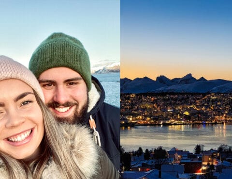 Sunniva og Tobias med Tromsø by i bakgrunnen