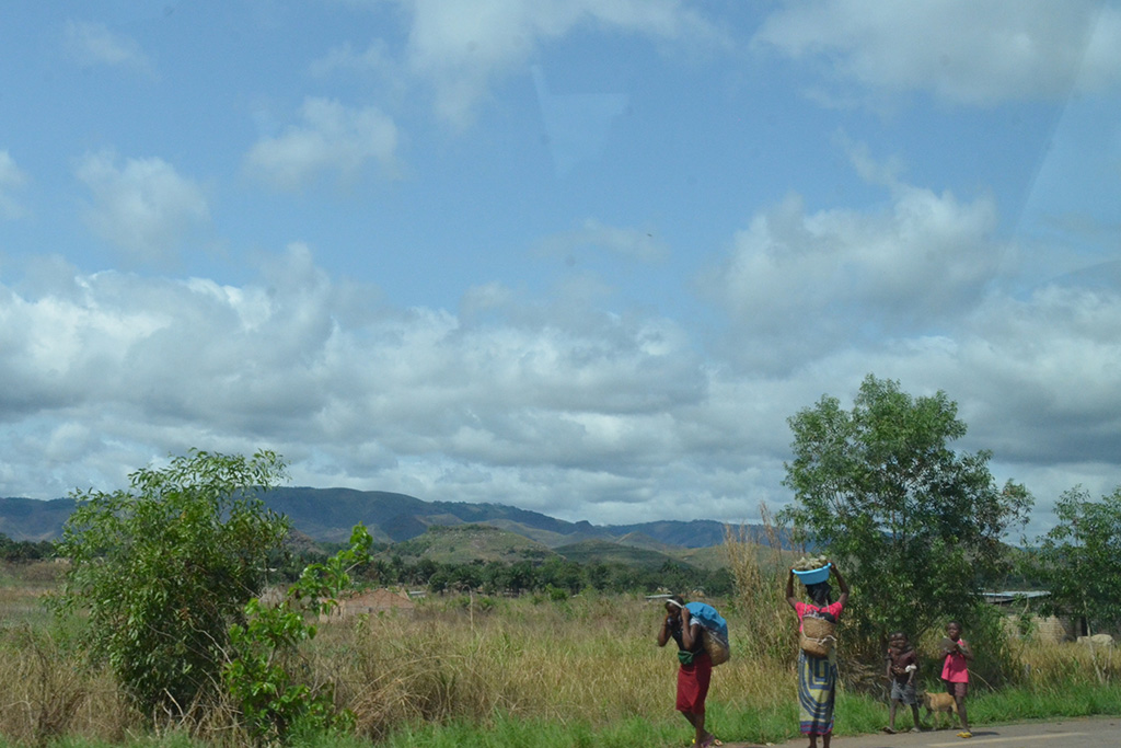 Voksne og barn bærer varer langs landeveien på i Kongo